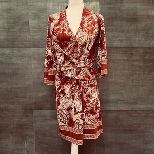 BCBGMaxAzria Red and Cream Paisley Satin Faux Wrap Dress